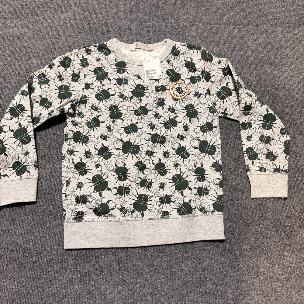 H&M Sweatshirt Kids 9-10 Gray Bug Print Mud & Bugs Slime & Grime Pullover Fleece